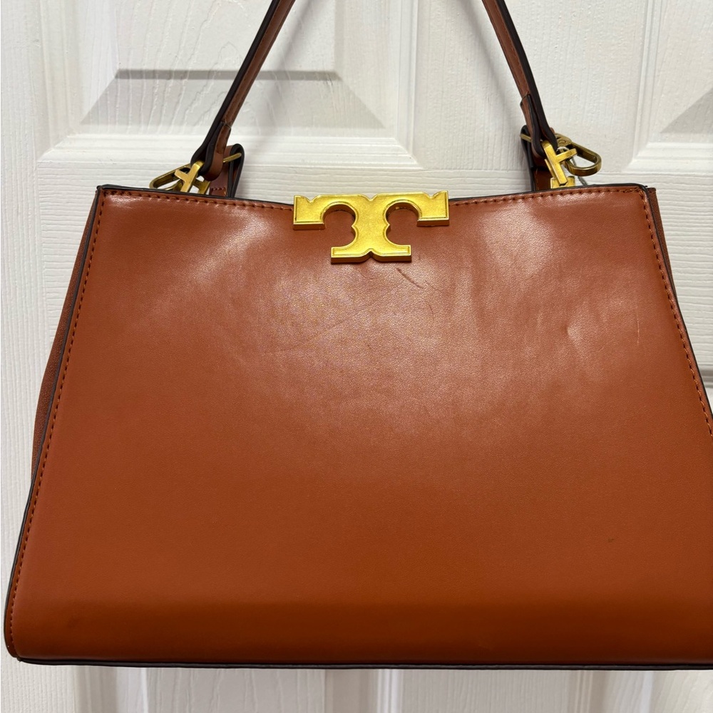 Tory Burch Eleanor Large Satchel Camel Italian Leather w Suede Gussets BNWT - Picture 6 of 16